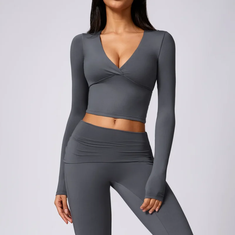 S78f627ed8122431b9fd89131bc318e7f4 Sexy V- Neck Yoga Shirt Women Long Sleeved Sports Top with Chest Pad Slimming Tight Running Fitness Workout Top Yoga Crop Top