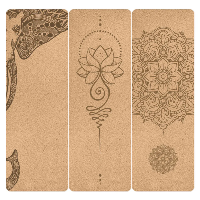 Cork yoga mats with intricate designs, offering durability and style for outdoor yoga lovers.